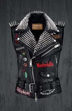 Black Leather Waist Belted Outer Wear, Murderdolls Slipknot Patches, Men Fashion Biker Jacket, Spiked Studded Gothic, Misfit Vest Jacket, Murderdolls printed patch brings a rich and elevating fashion. Misfit patch adds a striking touch with a rich and stylish allure. Several more printed patches look fantastic. Pin Badges with High-Quality Studs. Each securely added by hand Cropped, Vintage-inspired / Moto / Fit Patches Jacket 0.9 to 1.0 MM Cowhide Leather used Jacket has All sizes Available We Fitted Black Biker Jacket For Alternative Fashion, Punk Style Fitted Outerwear For Biker Events, Fitted Black Biker Jacket For Concert, Alternative Fitted Outerwear For Concert, Fitted Alternative Outerwear For Concerts, Fitted Alternative Style Biker Jacket For Concerts, Fitted Black Rock Style Outerwear, Fitted Biker Outerwear For Concerts, Fitted Black Rock Outerwear