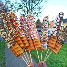 a person holding up several different kinds of food on sticks