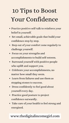 Boost your self-confidence with these 10 powerful tips! Perfect for anyone focused on self-improvement and self-development, these strategies will help you cultivate a growth mindset and enhance your personal confidence. Learn practical steps to overcome self-doubt and build a stronger, more resilient you. Embrace these tips to transform your mindset and unlock your full potential. Start your journey towards greater self-confidence and personal growth today! How To Build My Confidence, Increasing Self Confidence, How To Increase Self Confidence, Tips For Self Confidence, Self Confidence Exercises, Better Person Self Improvement, Tips For Self Improvement, How To Improve Your Personality, How To Grow Confidence