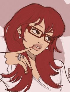 a drawing of a woman with red hair and glasses holding her finger to her lips