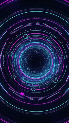 the inside of a blue and purple circular object with neon lights on it's sides