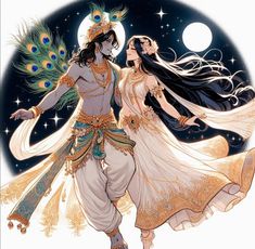 an illustration of two people dressed as peacocks in front of the moon and stars