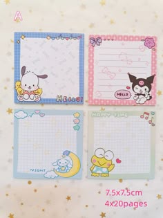 four stationery papers with cartoon characters on them and stars in the background, all lined up