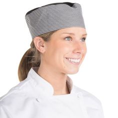 Inspired by the classic styling of its vintage namesake, this Chef Revival customizable Houndstooth mesh top baker's skull cap / pill box hat is perfect for staff working in your restaurant or catering kitchen. It has a flat crown and straight, upright sides with no brim for a clean, professional look. Featuring an elastic band on the back, this chef hat stretches to size and has a close fit so it keeps hair covered and won't fall off. Plus, it boasts a mesh top for optimal ventilation to keep y Pill Box Hat, Restaurant Aprons, Chef Pants, Chef Coat, Box Hat, Hat Patterns To Sew, Pillbox Hat, Hair Cover, Chefs Hat