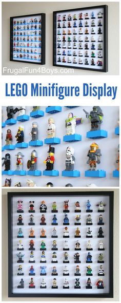 lego minifigure display is displayed on the wall in front of two black framed pictures