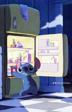 the stitcher mouse is looking into an open refrigerator in disney's animated movie