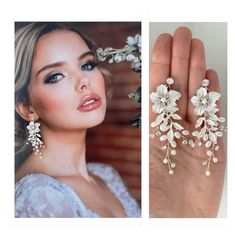 a woman wearing white flowers and pearls on her finger next to an image of the bride's wedding ring