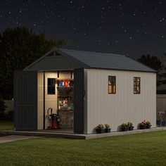 Great for gardens or yards. Get the shed with floor to enhance your outdoor space. Say goodbye to clutter and keep things simple and organized! Plastic Shed, Plastic Storage Sheds, Resin Sheds, Sloping Roof, Gardening Equipment, Outdoor Storage Shed, Resin Storage, Plastic Sheds, Recyclable Materials