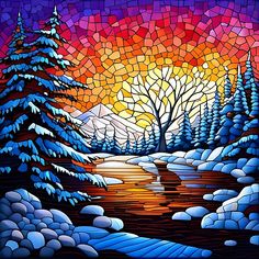 Fifth in a series of faux stained glass image of trees in a snowy landscape with the sun near the horizon Stained Glass Winter, Stained Glass Mosaic Patterns, Stained Glass Paint, Snowy Landscape, Faux Stained Glass, Winter Trees, Winter Scene, Stained Glass Mosaic, Stained Glass Patterns