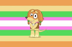 a cartoon dog with long blonde hair standing in front of a colorful striped wallpaper