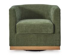 a green chair sitting on top of a wooden base