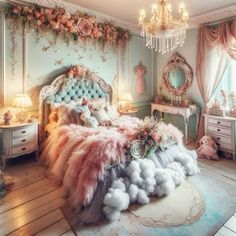 a bedroom decorated in pastel colors and flowers