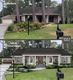 Cottage Style Ranch Homes, Ranch Homes Interior, Ranch Home Makeover, Ranch Exterior Remodel, Hampton Exterior, Brick Ranch Houses, Exterior Home Renovation, Painted Brick Exteriors, Ranch House Remodel