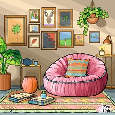 a living room filled with lots of furniture and pictures on the wall next to a potted plant