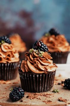 three cupcakes with chocolate frosting and berries on top