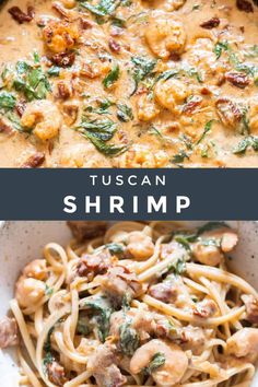 pasta with shrimp and spinach sauce in a white bowl