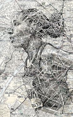 a drawing of a woman's face in black and white, on top of a map