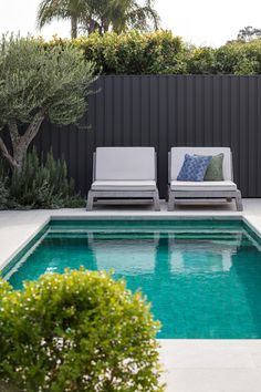 In-ground pool with soft-grey limestone coping is complemented with dark stained timber fence. Stained Timber Fence, Pool Fence Garden, Dark Grey Fence Garden, Timber Pool Fence, Timber Fence Ideas, Fences Around Pools Ideas, Fencing Around Pool, Swimming Pool Fence Ideas, Modern Pool Fence