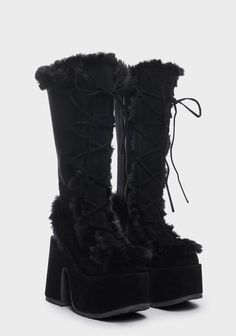 Demonia Faux Fur Knee High Platform Boots - Black – Dolls Kill Faux Fur Boots Outfit, Fur Boots Outfit, Shoes Platform Boots, High Platform Boots, Knee High Platform Boots, Demonia Shoes, Black Winter Boots, Boots Combat, Black Platform Boots