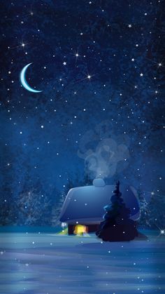 a night scene with a house in the snow and stars on the sky above it