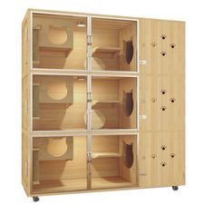 a wooden cabinet with six compartments and four doors on each side, open to show the inside