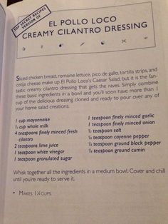 an open book with instructions for creamy cilantro dressing on the inside pages