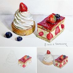 three pictures of different desserts with strawberries and blueberries on top