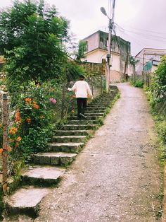 a person walking up some steps in the rain with an umbrella over their head and flowers on either side