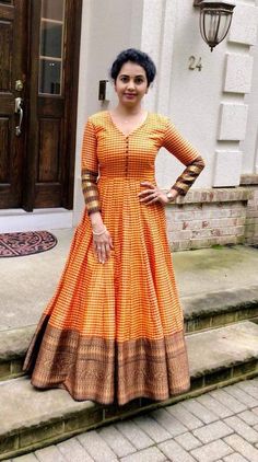 Sadi Dresses Design One Piece, Narayanpet Dresses, Deepavali Design, Narayanpet Dress, Long Frocks For Women, Long Frocks For Kids, Sari Gown, Saree Reuse, Pattu Dress