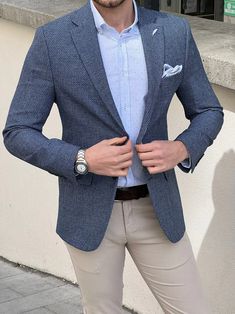 Bojoni Montebello Slim Fit High Quality Knitted Blue Blazer – VICLAN Blue Pattern Blazer Outfit Men, New Blazer Design For Men, Light Blue Jacket, Blue Jacket Men, Smart Jackets, Business Jacket, Mens Blazer