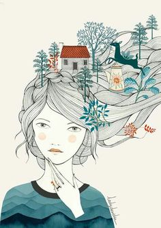 a drawing of a woman with her hair blowing in the wind and an image of a house on top of it