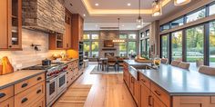 a large kitchen with wooden cabinets and an island in front of the stove top oven