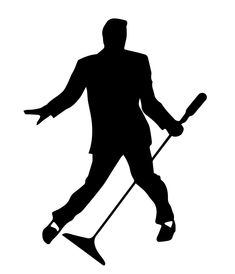 the silhouette of a man holding two golf clubs and wearing a hat with his arms outstretched