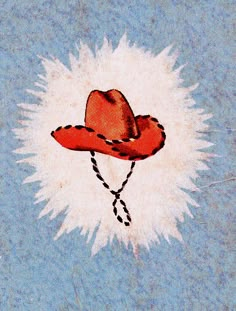 a drawing of a cowboy hat on top of a white fluffy cloud in the sky