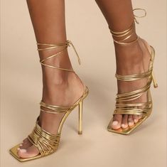 Cobb Strappy Lace Up Square Toe Metallic Heel In Gold Faux Leather Us 7 Never Worn Gold Leather Heels For Spring, Ego Shoes, High Heeled Sandals, Strappy Stilettos, Shoe Boxes, Metallic Heels, Stylish Sandals, Stiletto Sandals, Valentino Studs