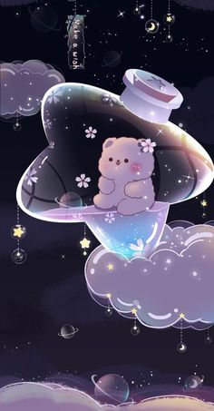 a teddy bear sitting on top of a cloud with stars and moon in the sky