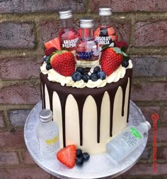 a chocolate cake with fruit and vodka bottles on top