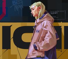 a digital painting of a woman in a pink jacket and blue pants with earphones