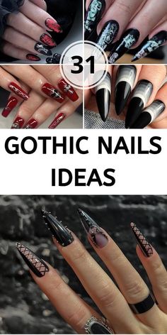 Spicy Nails Ideas, Baddie Goth Nails, Coffin Gothic Nails, Dark Gothic Nail Designs, Short Gothic Nails Acrylic, Vampire Fingernails, Gothic Stiletto Nails Designs, Goth Nail Art Designs, Gravestone Nails