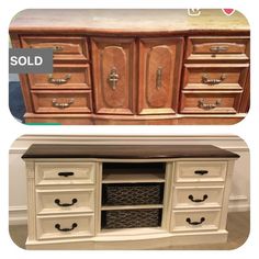 an old dresser has been painted white and is being used as a sideboard with drawers