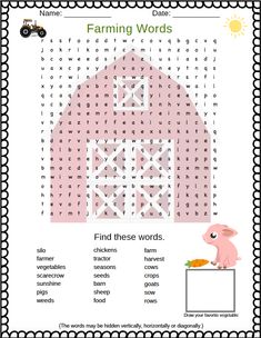 the farm word search is shown in this pink and white poster with an image of a barn