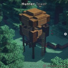 an image of a wooden tower in the middle of some bushes and trees with text overlay that reads, hunter tower