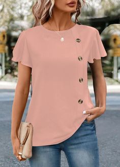 ROTITA Button Pink Round Neck Short Sleeve T Shirt Short Length Tops, Cheap Short Sleeve Tops With Pockets, Cheap Short Sleeve Tops With Button Cuffs, Cheap Pink Short Sleeve Shirt For Spring, Casual Tops For Women Simple, Cheap Casual Tops With Functional Buttons, Cheap Spring T-shirt With Button Closure, Womens Short Sleeved Shirts, Short Sleeve T-shirts