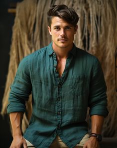 FORREST Classic Linen Shirt for Men - Forrest Green - OrganoLinen Pure Linen Shirts Men, Mens Linen Shirts, Green Shirt Men, Green Linen Shirt, Men Linen Shirt, Tailored Shirts, Pajama Set Women