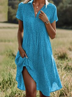 Women's Short Sleeve Summer Polka Dots Sundress Shirt Collar V Neck Going Out Casual A-Line Midi Dress Green Blue Red Polka Dot Short Sleeve Beach Dress, Polka Dot Short Sleeve Dress For Vacation, Polka Dot Summer Dress With Short Sleeves, Summer Polka Dot Dresses With Short Sleeves, Summer Polka Dot Short Sleeve Dress, Casual Polka Dot Short Sleeve Dress, Casual V-neck Polka Dot Dress, Casual Polka Dot V-neck Dress, Summer V-neck Polka Dot Dresses