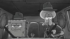 two cartoon characters sitting in the passenger seat of a car, one with an angry look on his face