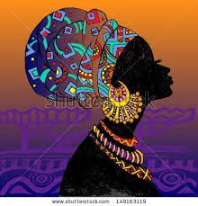 an african woman with colorful hair and jewelry on her head in front of a sunset sky