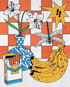 an image of bananas and flowers in a vase on a checkered tablecloth background