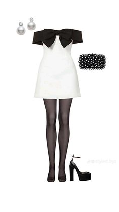 Blair Waldorf Birthday Dress, Gossip Girl Party Outfits, Gossip Girl White Party, Black And White Dress Classy Elegant, Hollywood Outfit Ideas Party, Blair Waldorf Outfits Inspired, Gossip Girl Birthday Party, Black And White Dress Outfit, Bow Dress Outfit