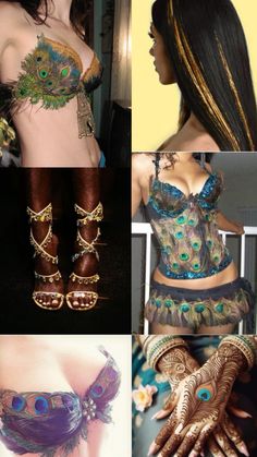 several different pictures of women with henna and peacocks on their hands, one is wearing